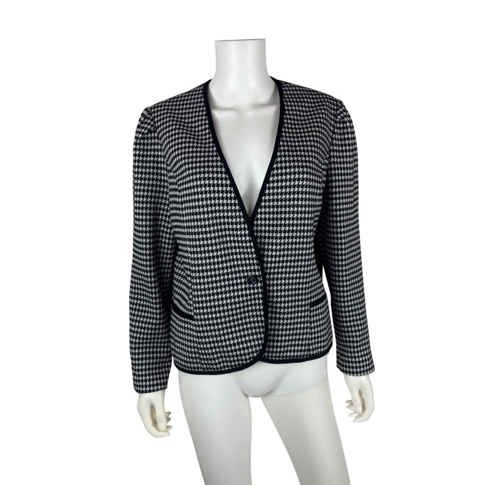 Vintage 80s Houndstooth Blazer Womens Large Black & White Single Button Jacket - Picture 2 of 8